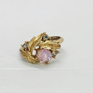 Vtg Avon Ring Faux Fire Opal Foil Gold Tone Leaves Sz 7 8 Whimsigoth Coquette